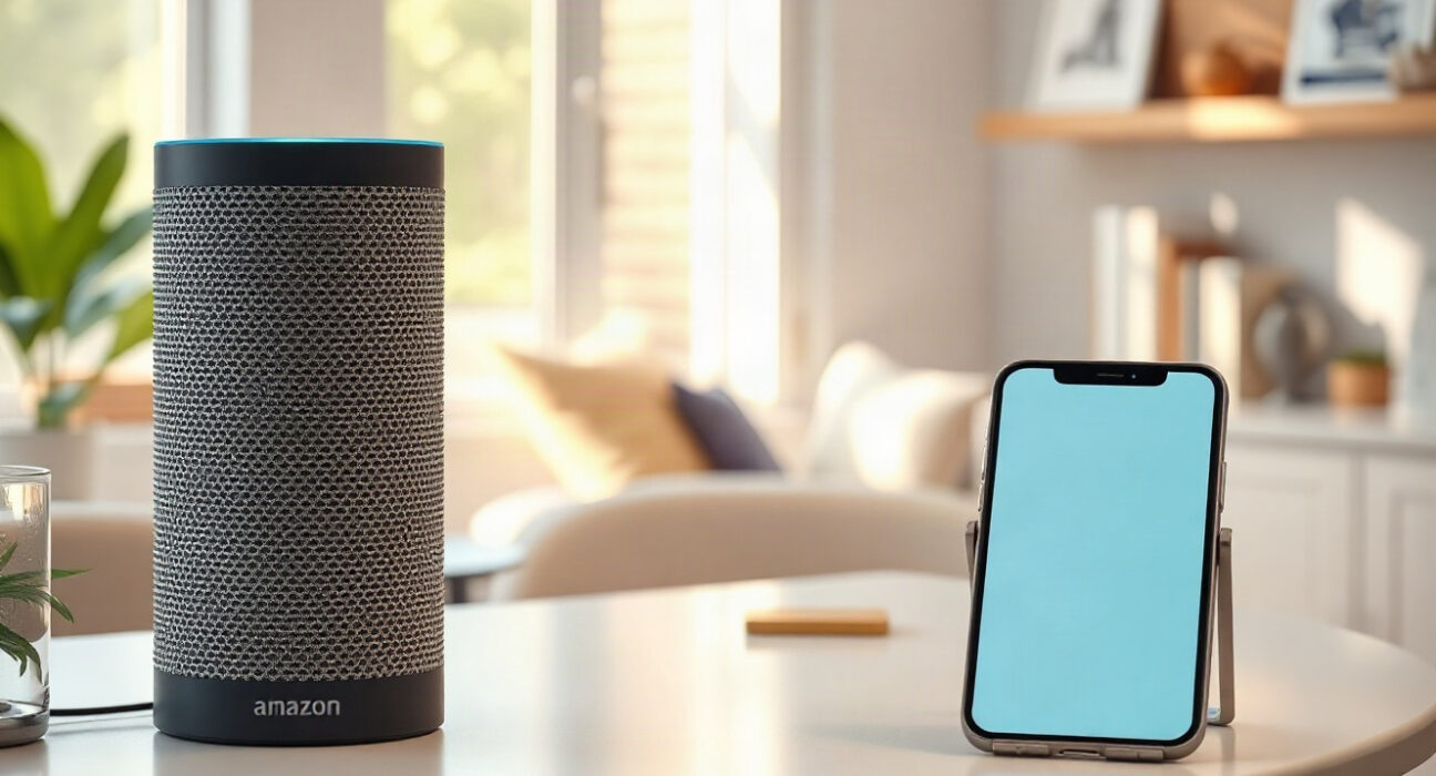 Amazon Echo smart speaker with a smartphone showing a shopping alert notification