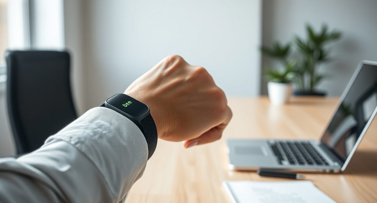 Person wearing Bee AI wearable on wrist in office with green recording light