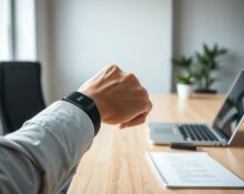 Person wearing Bee AI wearable on wrist in office with green recording light
