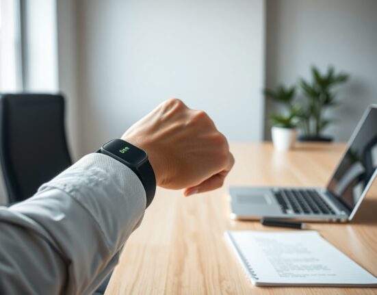 Person wearing Bee AI wearable on wrist in office with green recording light