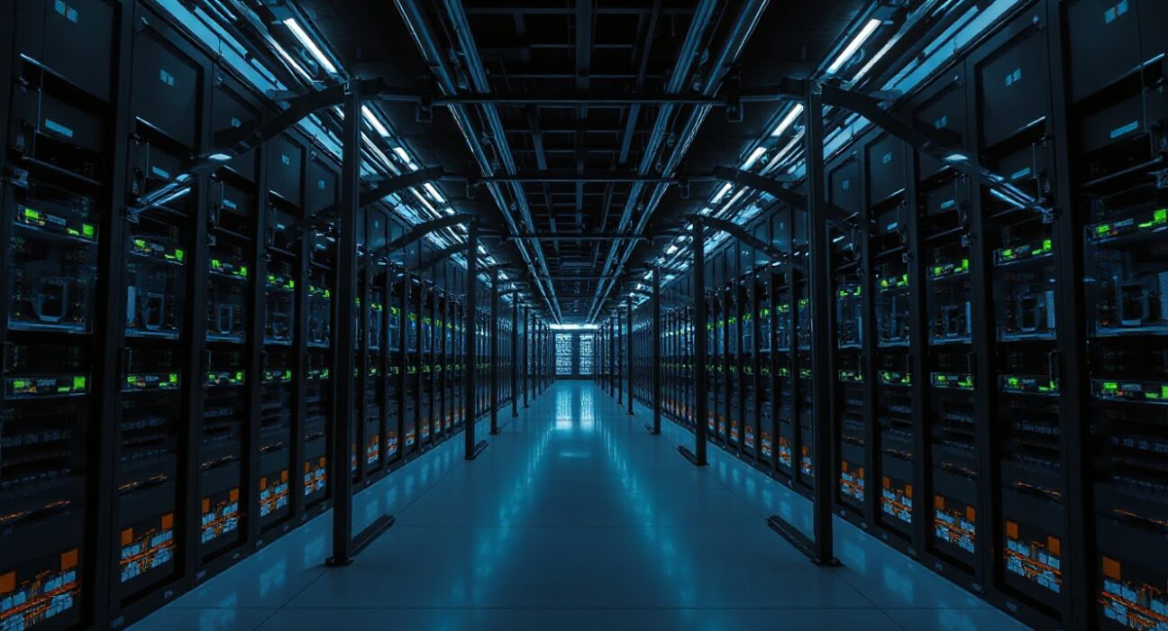 Interior of a large data center with rows of server racks and blue LED lighting