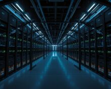 Interior of a large data center with rows of server racks and blue LED lighting