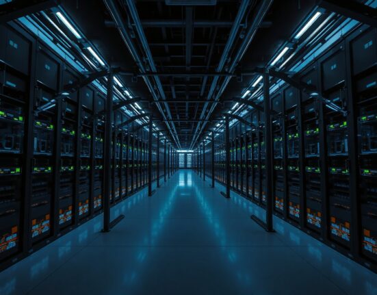 Interior of a large data center with rows of server racks and blue LED lighting