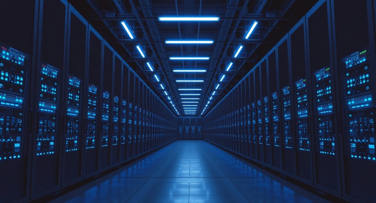 Amazon cloud business AWS data center interior with blue server lights representing AI-driven growth and capital spending.