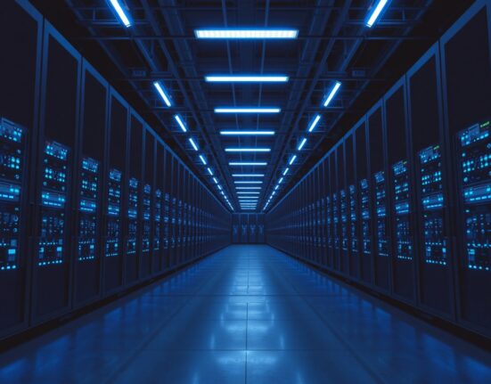 Amazon cloud business AWS data center interior with blue server lights representing AI-driven growth and capital spending.