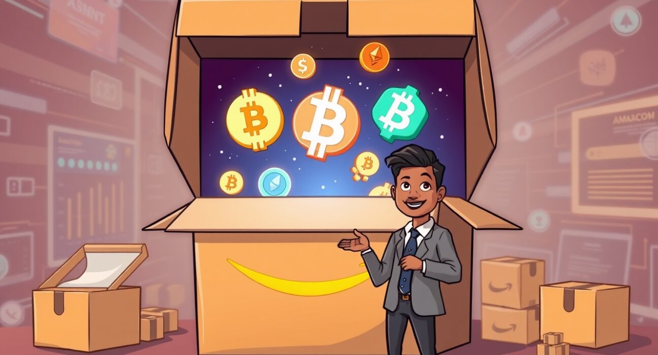 A cartoon figure representing a Crypto Ecosystem Lead stands before an Amazon box releasing digital currencies, highlighting the significant Amazon crypto job.
