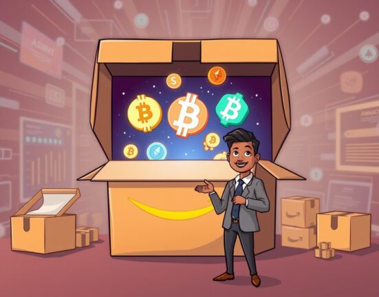 A cartoon figure representing a Crypto Ecosystem Lead stands before an Amazon box releasing digital currencies, highlighting the significant Amazon crypto job.