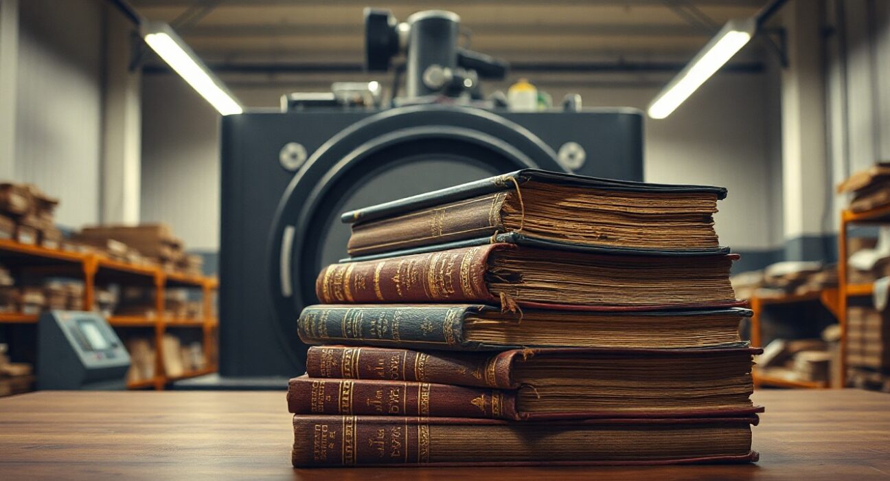 Stack of rare hardcover books on a warehouse table with an industrial scanner in the background.