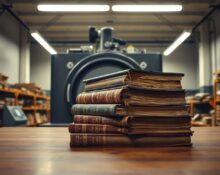 Stack of rare hardcover books on a warehouse table with an industrial scanner in the background.