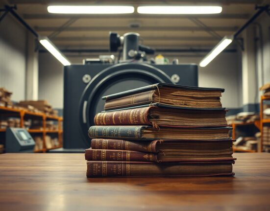 Stack of rare hardcover books on a warehouse table with an industrial scanner in the background.