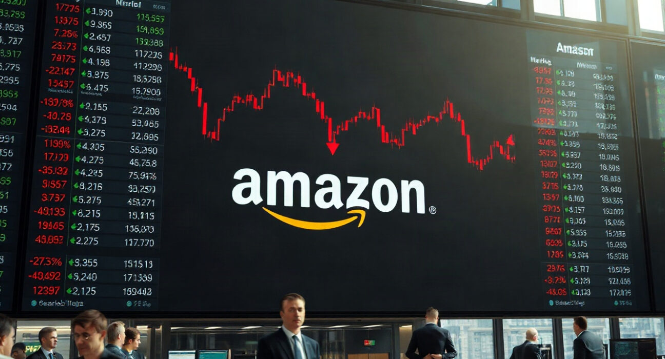 Stock market display showing Amazon stock chart with red correction signals