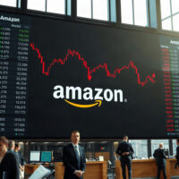 Stock market display showing Amazon stock chart with red correction signals
