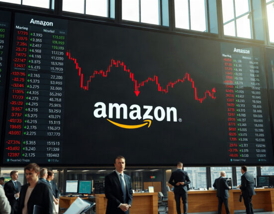 Stock market display showing Amazon stock chart with red correction signals