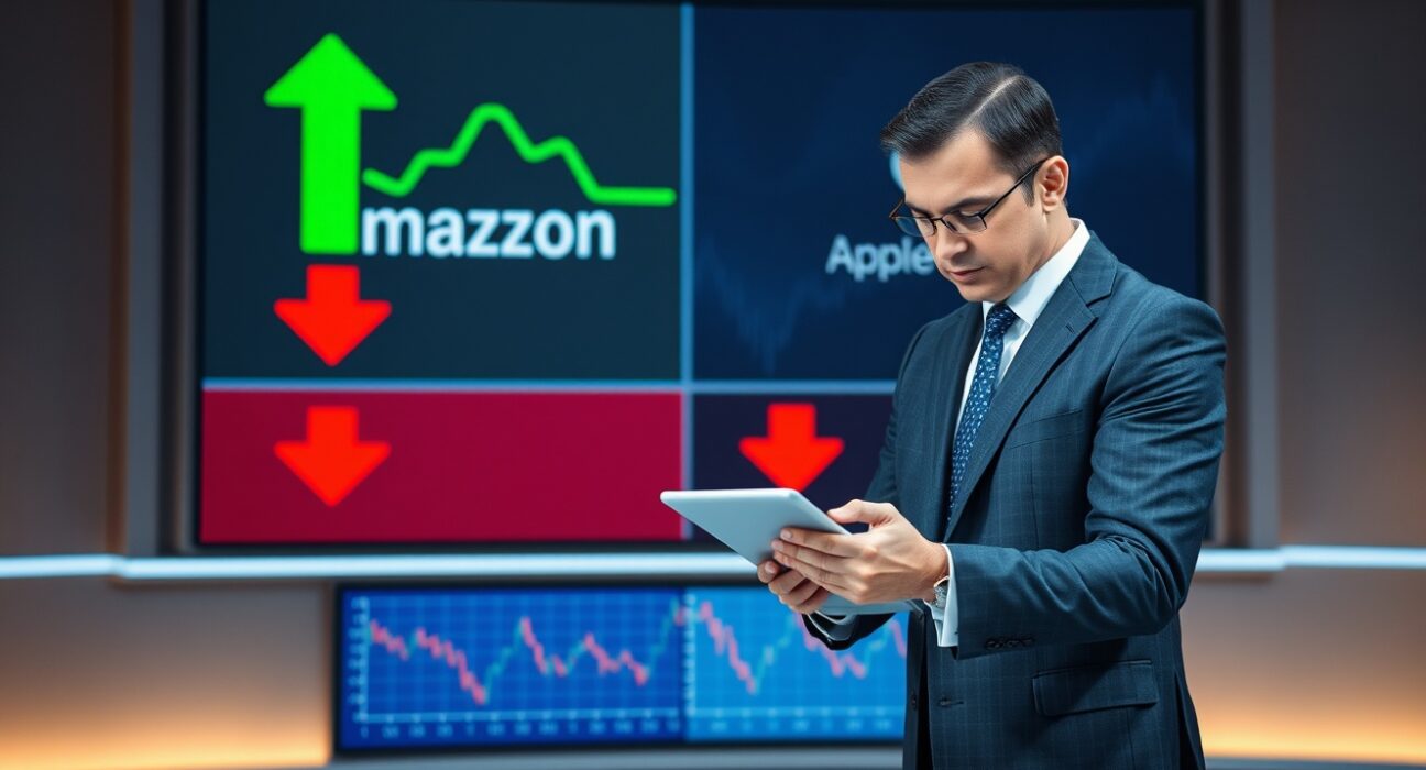 Analyst monitoring stock charts showing Amazon rise and Apple decline in a financial newsroom