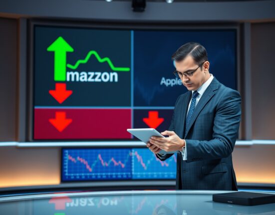 Analyst monitoring stock charts showing Amazon rise and Apple decline in a financial newsroom