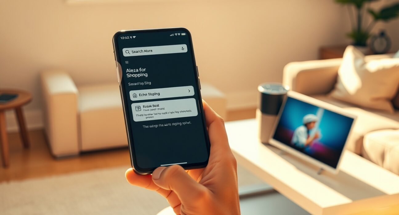 Person using Amazon's Alexa for Shopping AI assistant on smartphone and Echo Show in a bright living room