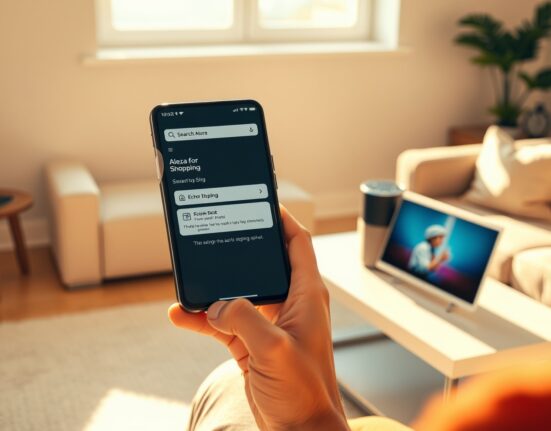 Person using Amazon's Alexa for Shopping AI assistant on smartphone and Echo Show in a bright living room