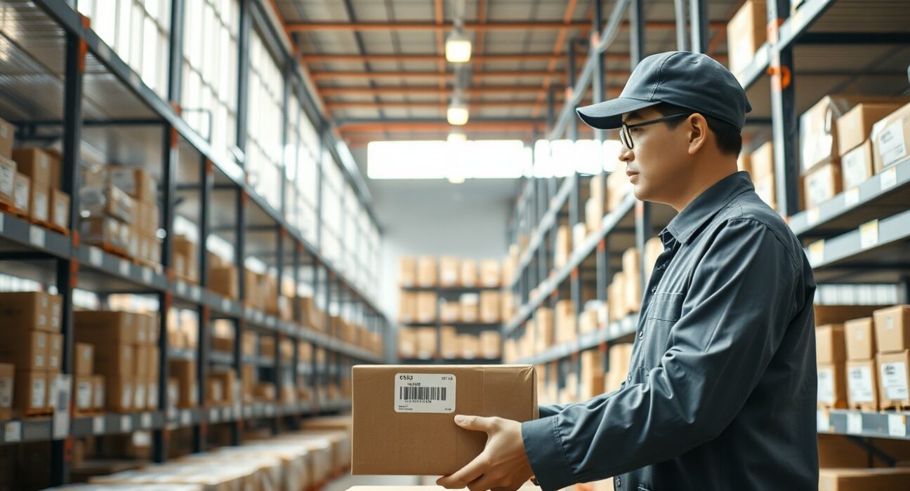Worker in a Japanese logistics warehouse scanning a package, representing AZ-COM Maruwa's adoption of JPYC stablecoin payments