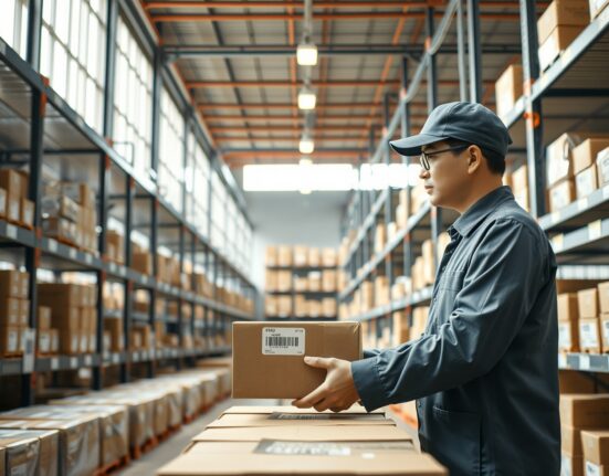 Worker in a Japanese logistics warehouse scanning a package, representing AZ-COM Maruwa's adoption of JPYC stablecoin payments