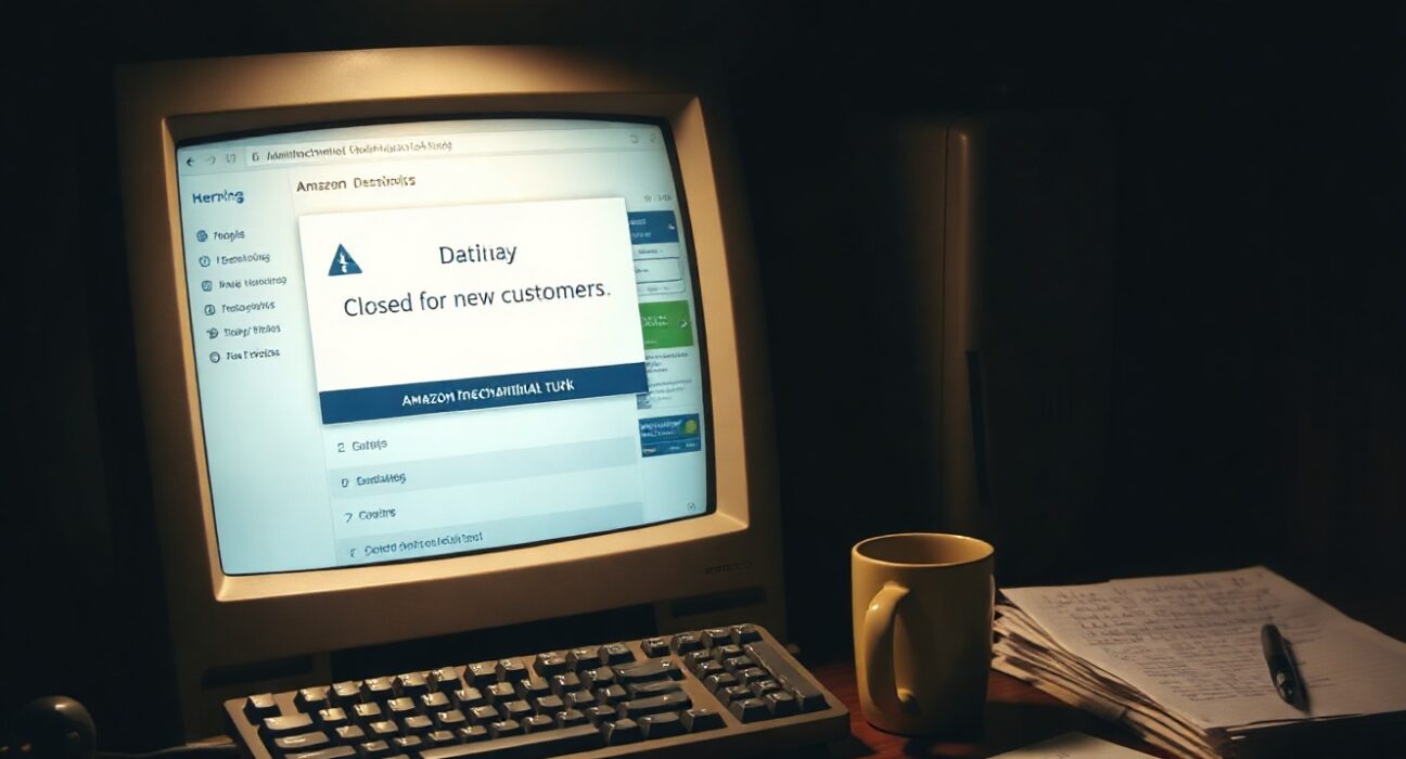 A computer monitor displaying the Amazon Mechanical Turk dashboard with a shutdown notice, on a dimly lit desk.