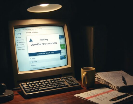 A computer monitor displaying the Amazon Mechanical Turk dashboard with a shutdown notice, on a dimly lit desk.