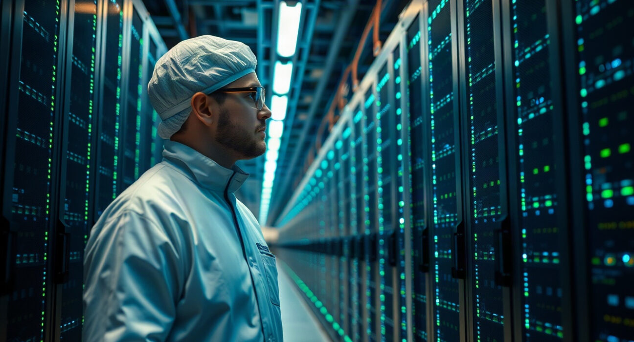 Technician inspecting GPU server racks in a modern data center