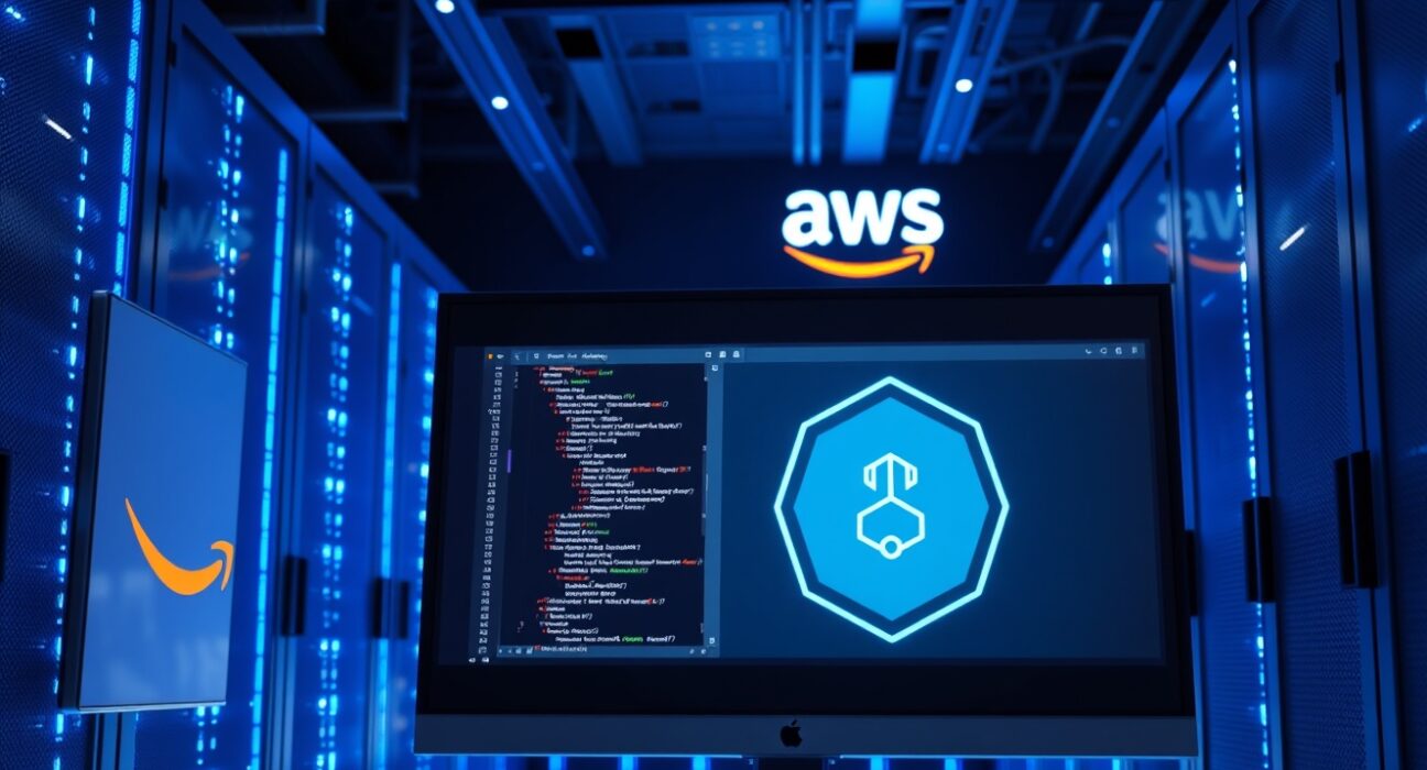 AWS Bedrock data center displaying Amazon OpenAI products including Codex and AI agents on a digital screen