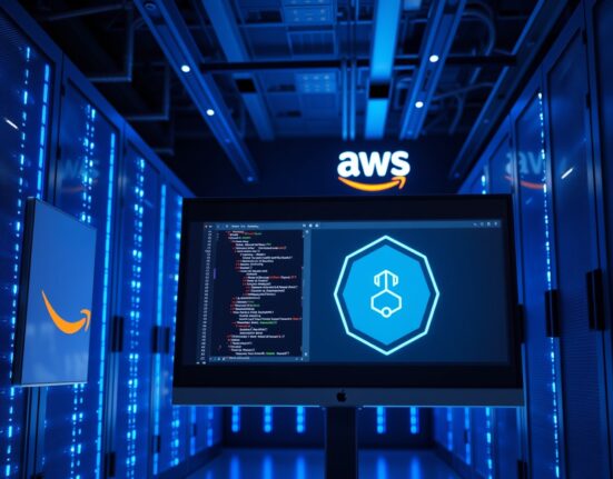 AWS Bedrock data center displaying Amazon OpenAI products including Codex and AI agents on a digital screen