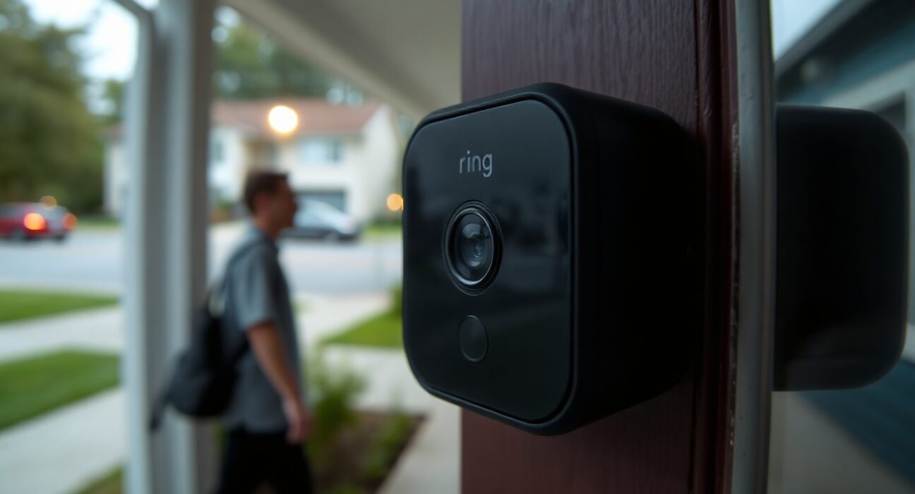 Ring doorbell camera mounted on a house, with a person walking past in the background