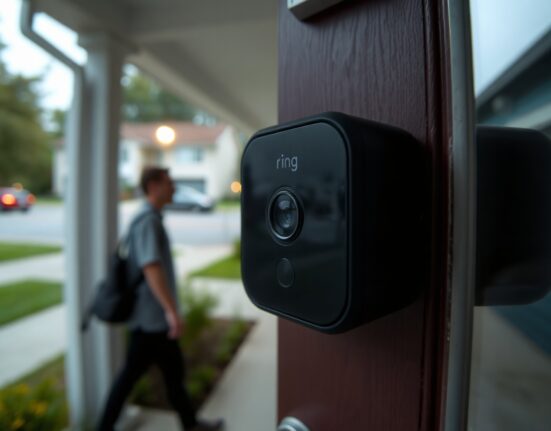 Ring doorbell camera mounted on a house, with a person walking past in the background