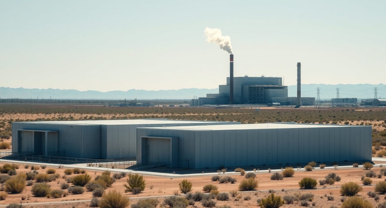 Aerial view of a data center and natural gas power plant in a Texas desert landscape.