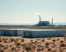 Aerial view of a data center and natural gas power plant in a Texas desert landscape.