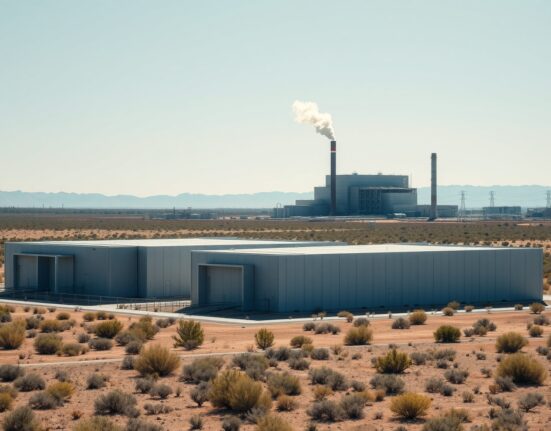 Aerial view of a data center and natural gas power plant in a Texas desert landscape.