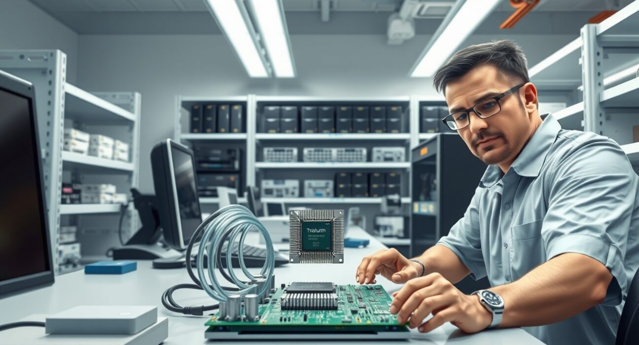 Amazon Trainium AI chip development lab in Austin showing engineers testing semiconductor hardware