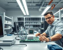 Amazon Trainium AI chip development lab in Austin showing engineers testing semiconductor hardware