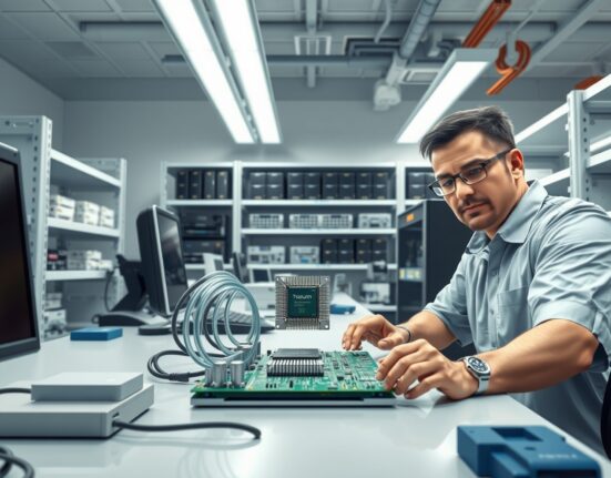 Amazon Trainium AI chip development lab in Austin showing engineers testing semiconductor hardware