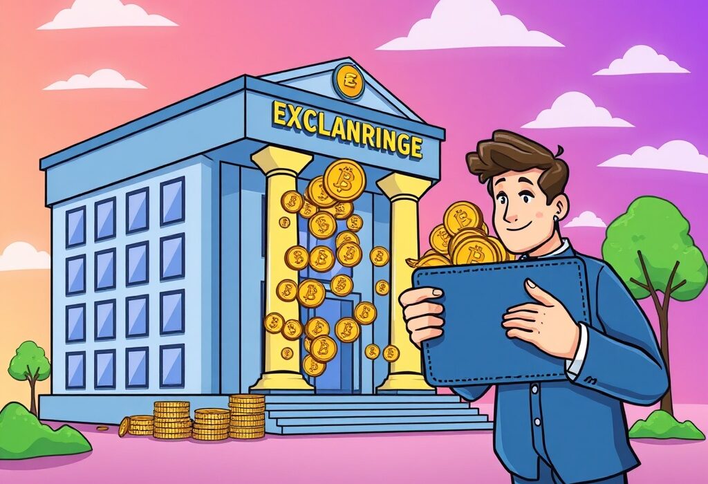 A cartoon illustration depicting a significant Amber Group ETH withdrawal from crypto exchanges into a secure digital wallet.