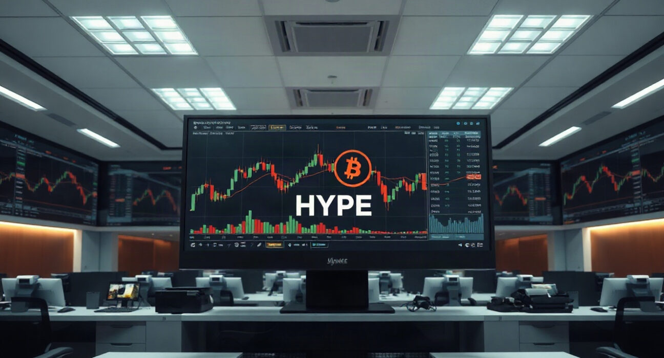 A trading floor with monitors showing HYPE token charts, illustrating crypto market activity.