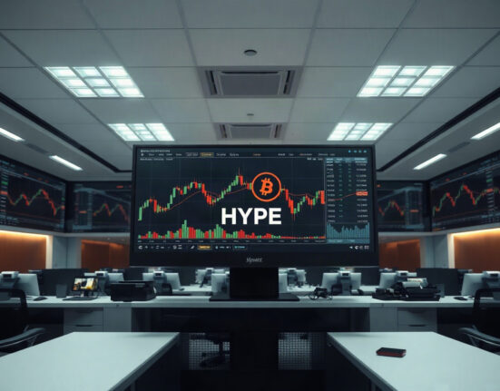 A trading floor with monitors showing HYPE token charts, illustrating crypto market activity.