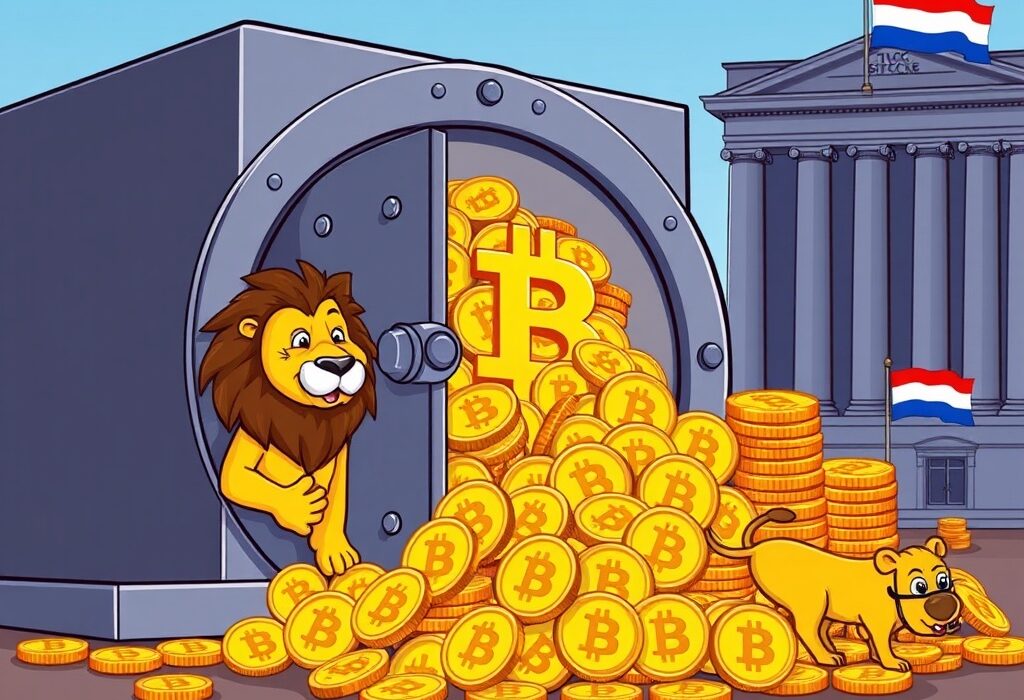 Cartoon illustration of a Dutch firm's ambitious AMBTS Bitcoin acquisition strategy, showing a vault of digital gold.