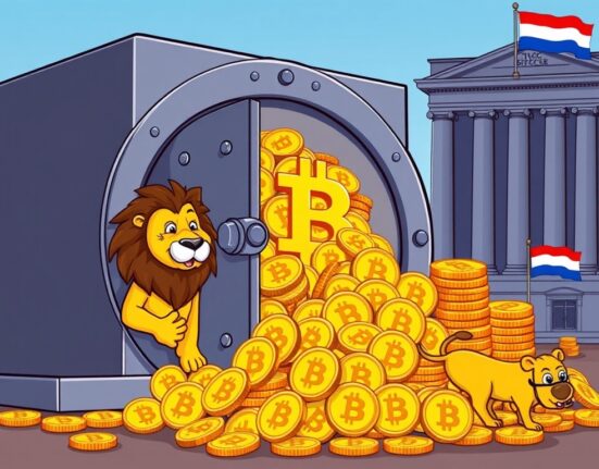 Cartoon illustration of a Dutch firm's ambitious AMBTS Bitcoin acquisition strategy, showing a vault of digital gold.