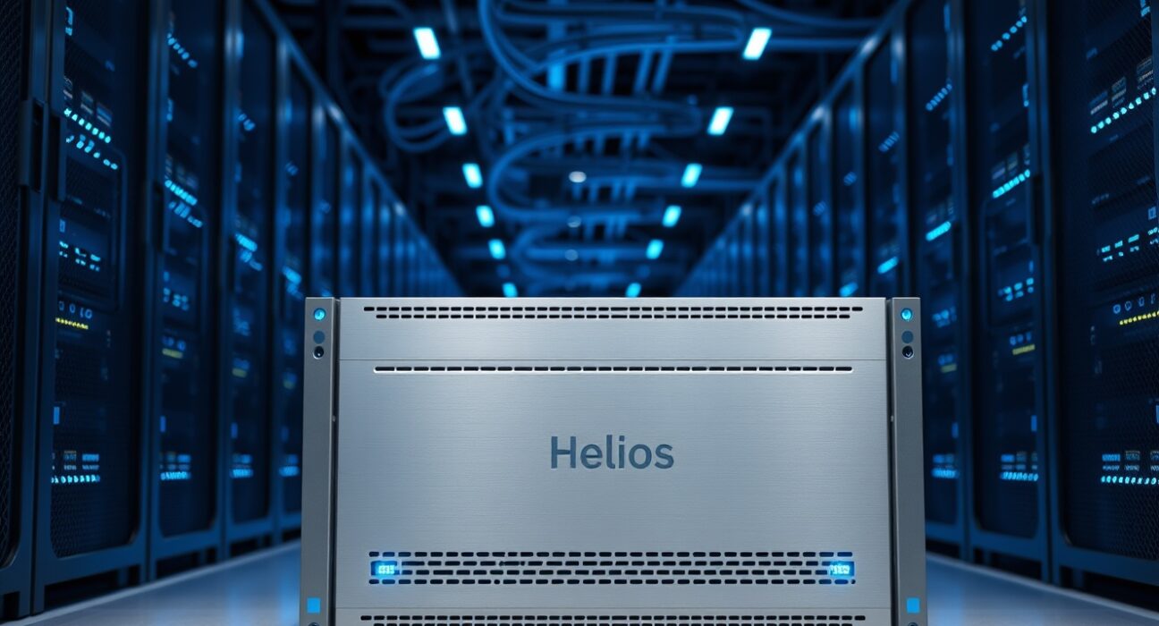 AMD Helios rack-scale AI system in a modern data center with blue LED lighting