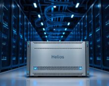 AMD Helios rack-scale AI system in a modern data center with blue LED lighting