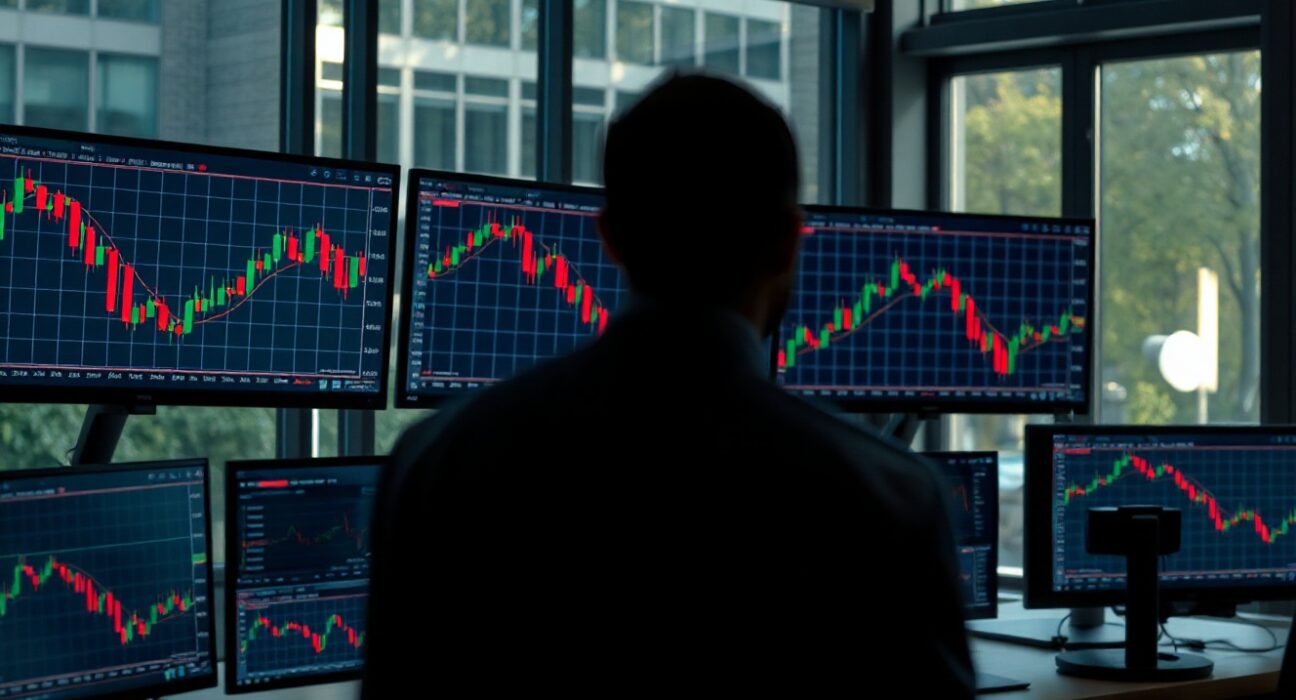 Trading monitors showing AMD stock charts with a downward trend after earnings release