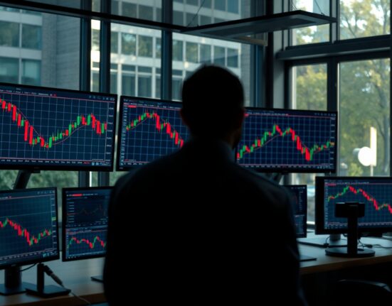 Trading monitors showing AMD stock charts with a downward trend after earnings release