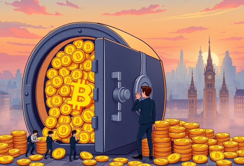 Cartoon illustration of a secure vault brimming with Bitcoin, symbolizing Amdax's successful funding round for BTC investments.