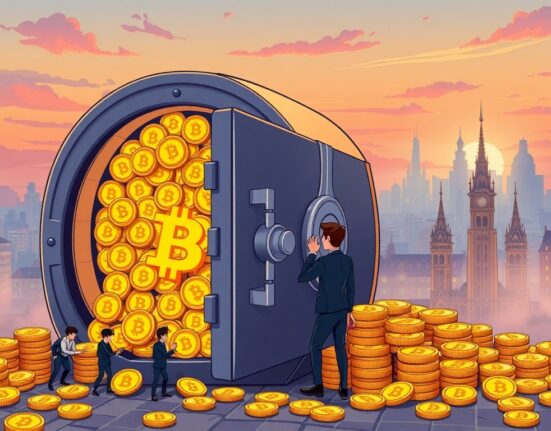 Cartoon illustration of a secure vault brimming with Bitcoin, symbolizing Amdax's successful funding round for BTC investments.