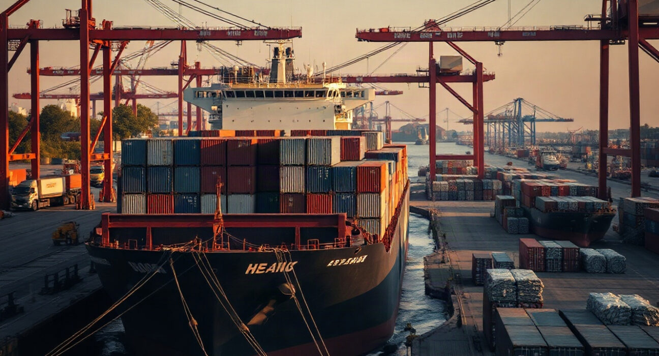 Cargo ship loaded with steel and aluminum at a US port under late afternoon light.