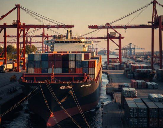 Cargo ship loaded with steel and aluminum at a US port under late afternoon light.