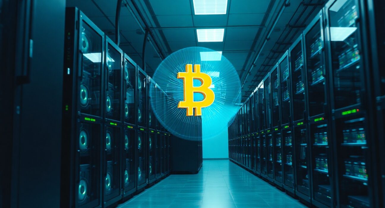 Interior of a large Bitcoin mining facility with rows of rigs and a holographic Bitcoin symbol.